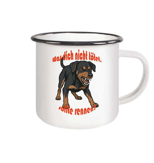 Emaille Tasse Deutscher Pinscher Schwarzrot "Was dich nicht tötet" - Emaille Tasse (Black)