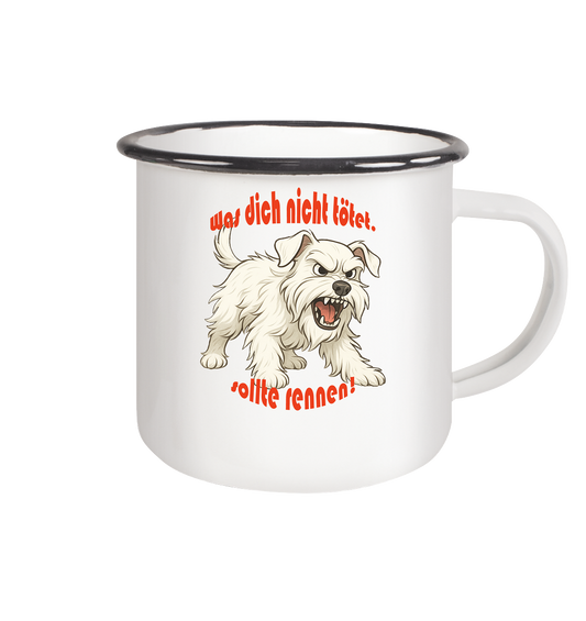 Tasse, zweifarbig Zwergschnauzer Weiß "Was dich nicht tötet" - Emaille Tasse (Black)