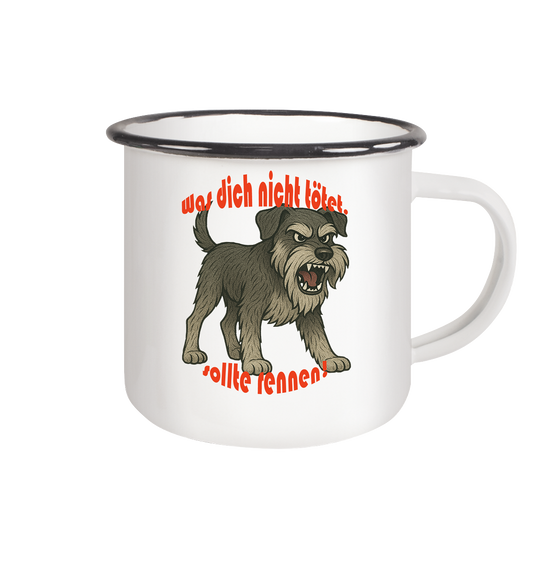 Tasse, zweifarbig Schnauzer Pfeffersalz "Was dich nicht tötet" - Emaille Tasse (Black)
