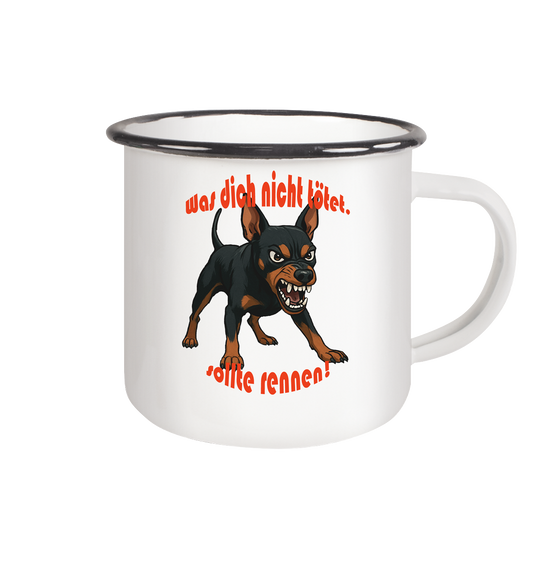 Tasse, zweifarbig Zwergpinscher Schwarzrot "Was dich nicht tötet" - Emaille Tasse (Black)