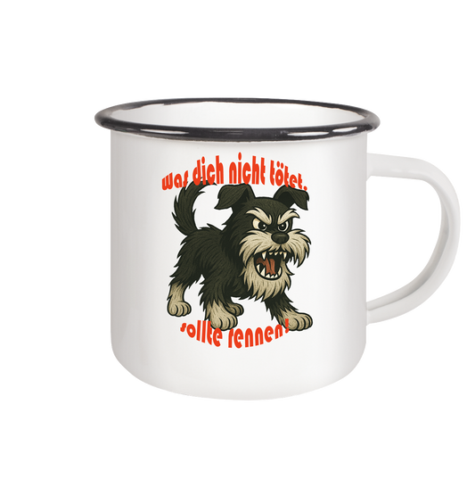 Tasse, zweifarbig Zwergschnauzer Schwarzsilber "Was dich nicht tötet" - Emaille Tasse (Black)