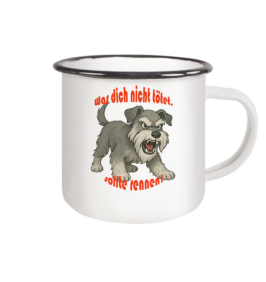 Tasse, zweifarbig Zwergschnauzer Pfeffersalz "Was dich nicht tötet" - Emaille Tasse (Black)