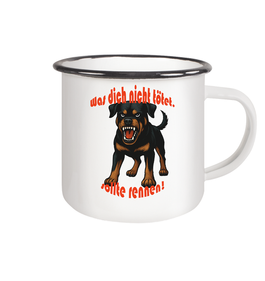 Tasse, zweifarbig Rottweiler "Was dich nicht tötet" - Emaille Tasse (Black)