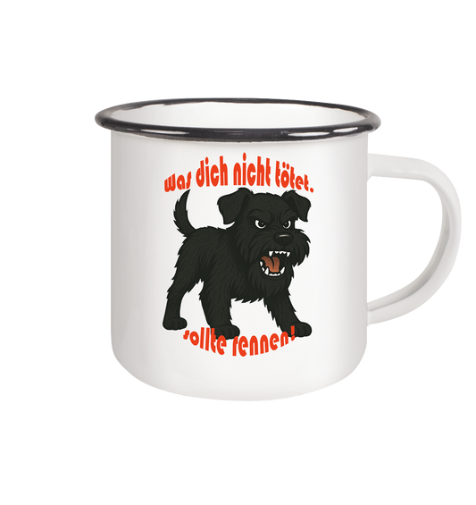 Tasse, zweifarbig Zwergschnauzer Schwarz "Was dich nicht tötet" - Emaille Tasse (Black)